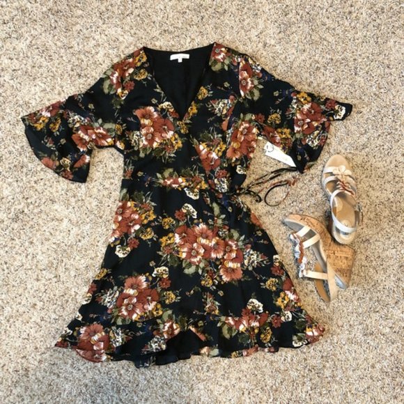June & Hudson Wrap Mini Dress Floral Print Black Orange Brown Size L NEW wTag - Picture 4 of 10